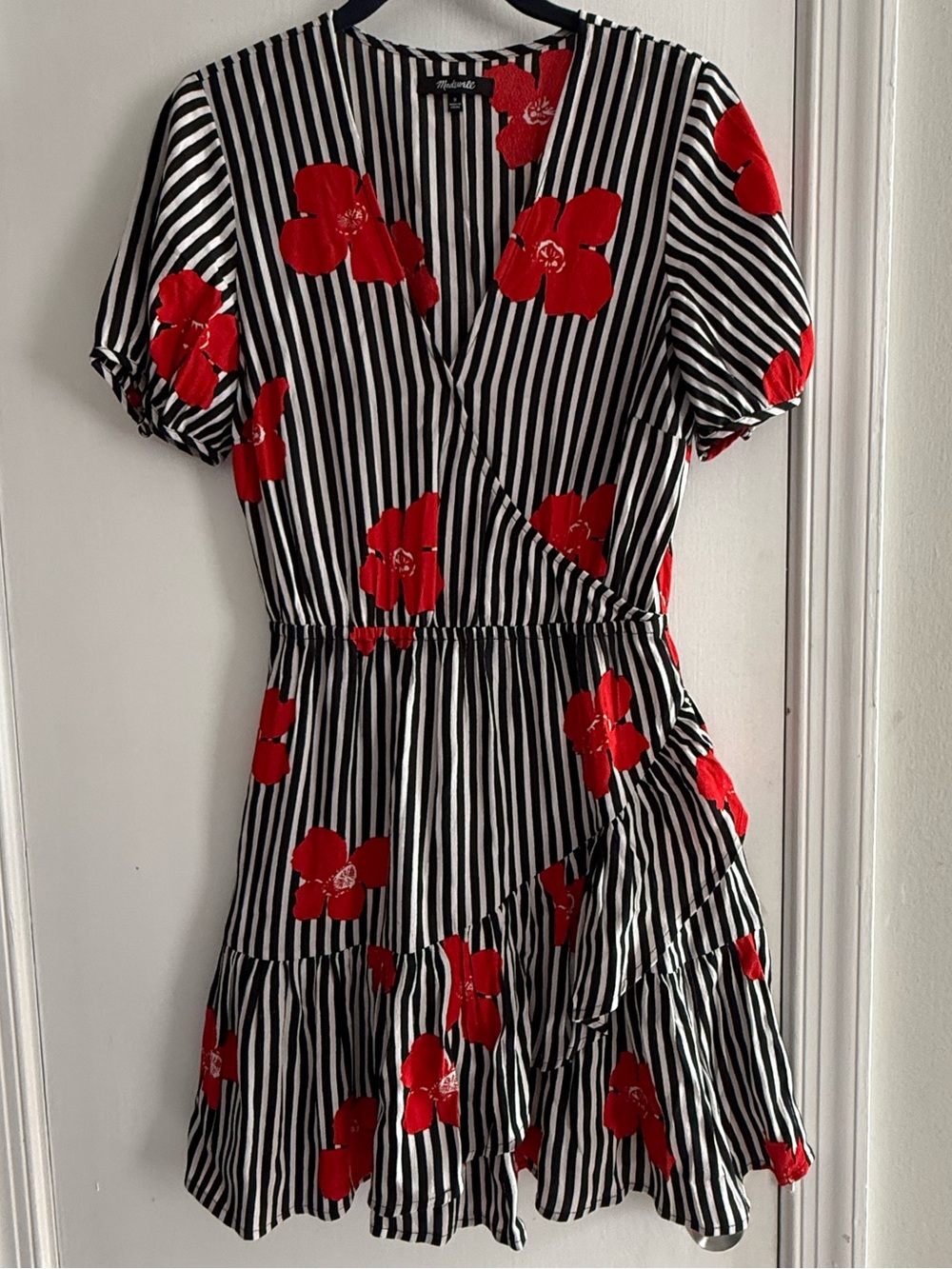 Madewell Black & White Striped Dress with Red Floral Print Size 0
